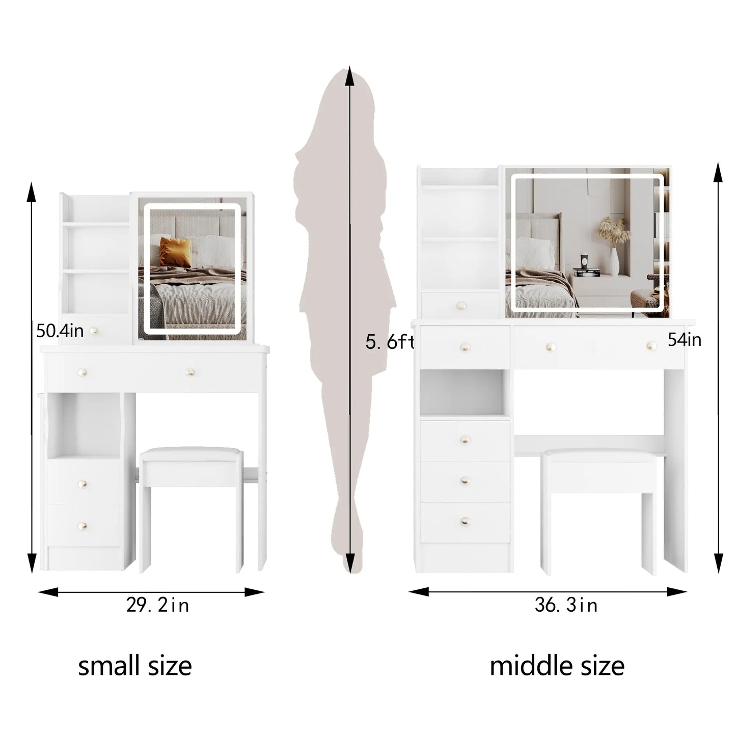 29.2' Small Size Left Drawer Desktop Vanity Table + Cushioned Stool, Large Sliding, Touch Control, Tri-color Switching, Brightness Adjust LED Mirror – view 2