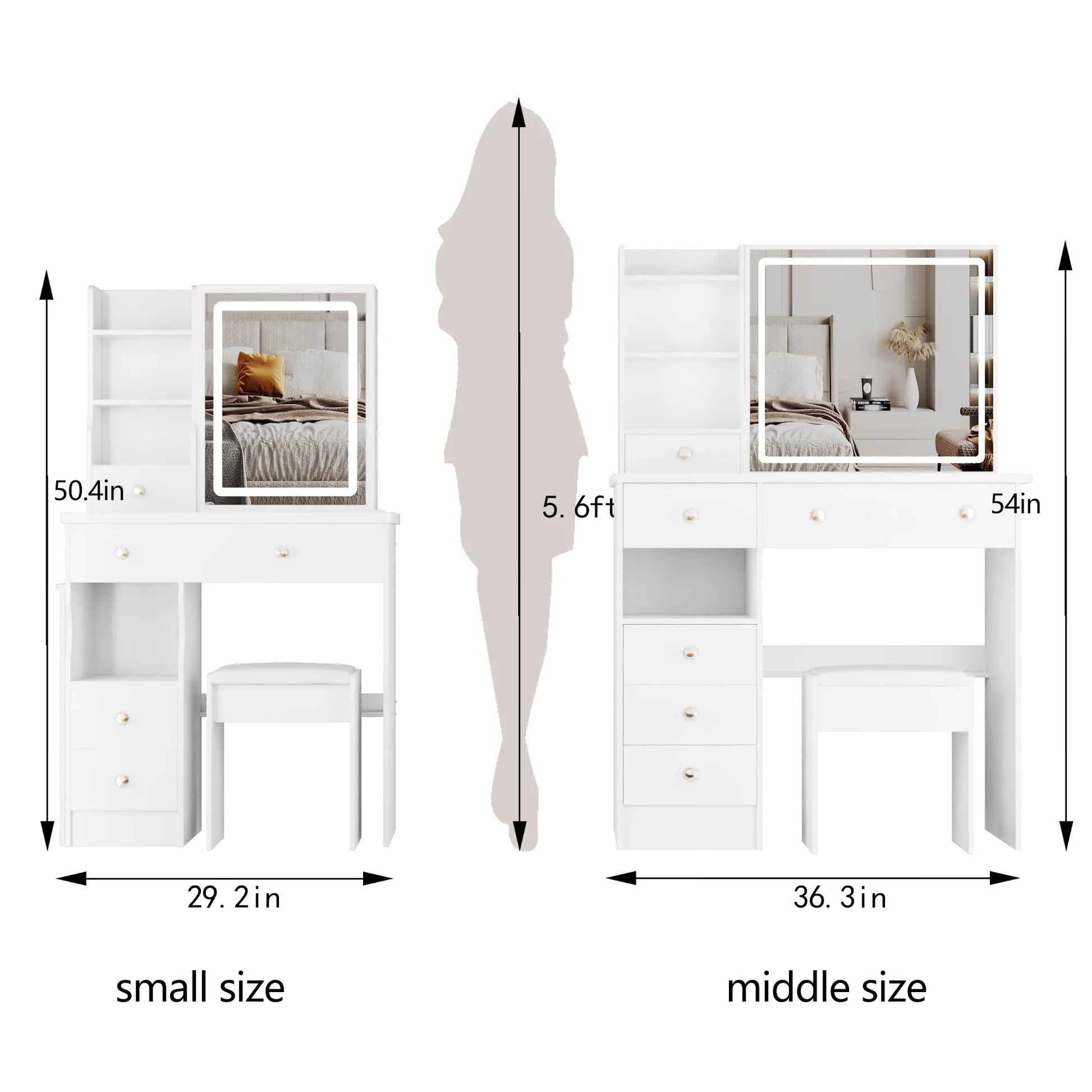 29.2' Small Size Left Drawer Desktop Vanity Table + Cushioned Stool, Large Sliding, Touch Control, Tri-color Switching, Brightness Adjust LED Mirror – view 2