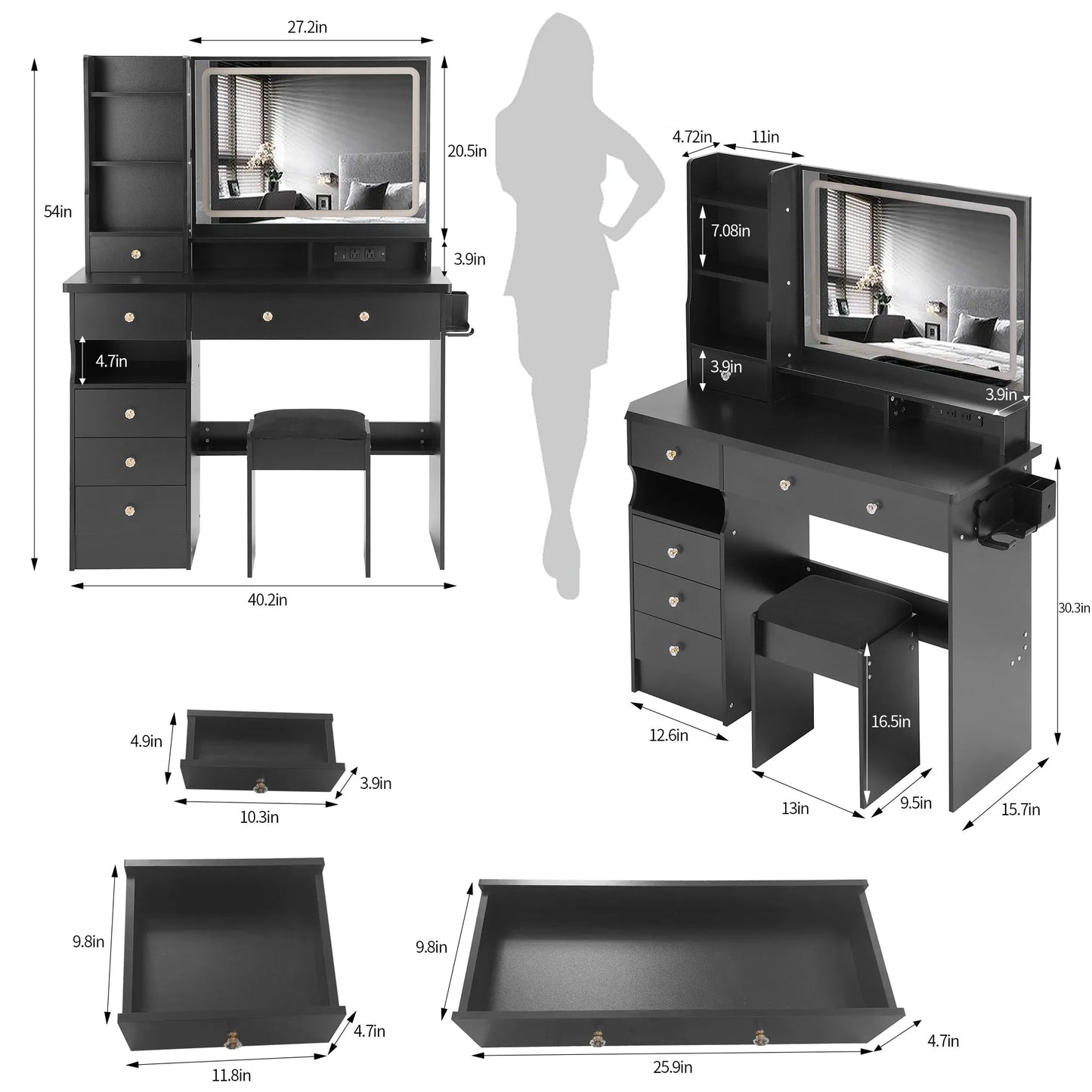 41' Large Size Left Drawer Desktop Vanity Table+Cushioned Stool Dresser Set, 2 AC+2 USB Power Station, Hair Dryer Stand, Extra Large Touch Control – view 2