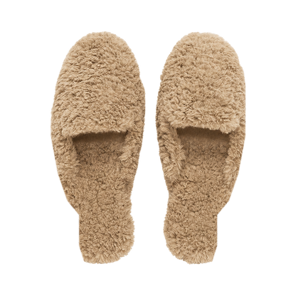 Warm Taupe genuine wool and leather closed-toe house slippers on transparent background