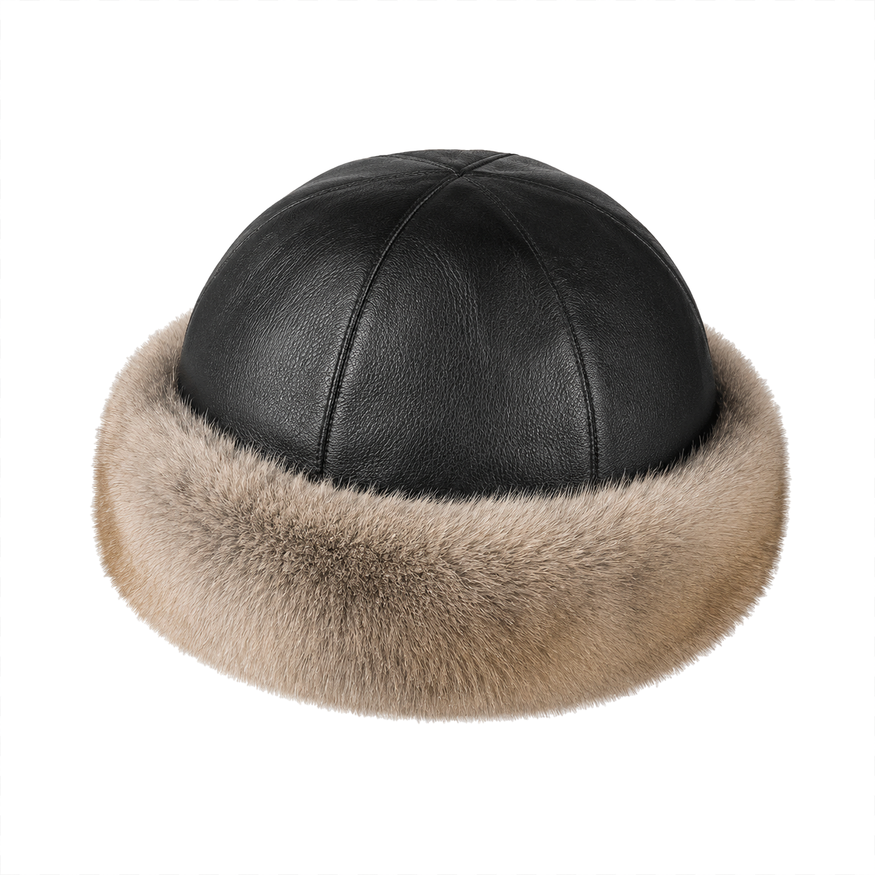 Warm Taupe rabbit fur and black top-grain leather round winter hat