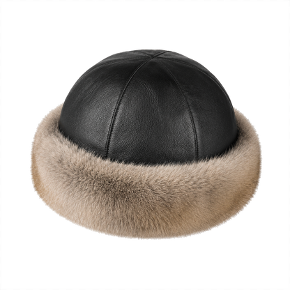 Warm Taupe rabbit fur and black top-grain leather round winter hat