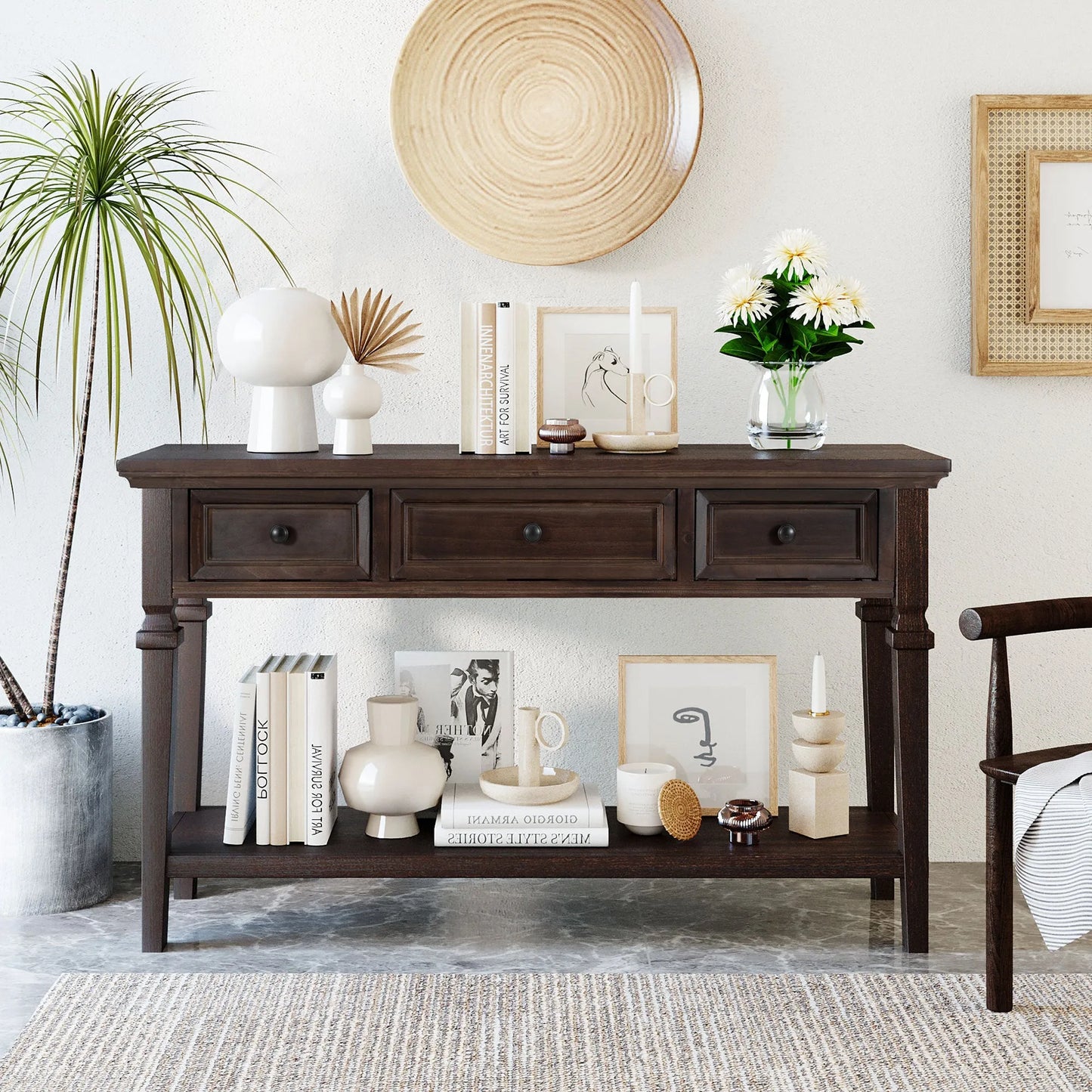 Classic Retro Style Console Table with Three Top Drawers and Open Style Bottom Shelf, Easy Assembly (Espresso) – view 2