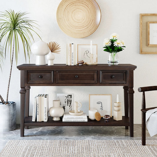 Classic Retro Style Console Table with Three Top Drawers and Open Style Bottom Shelf, Easy Assembly (Espresso) – view 2