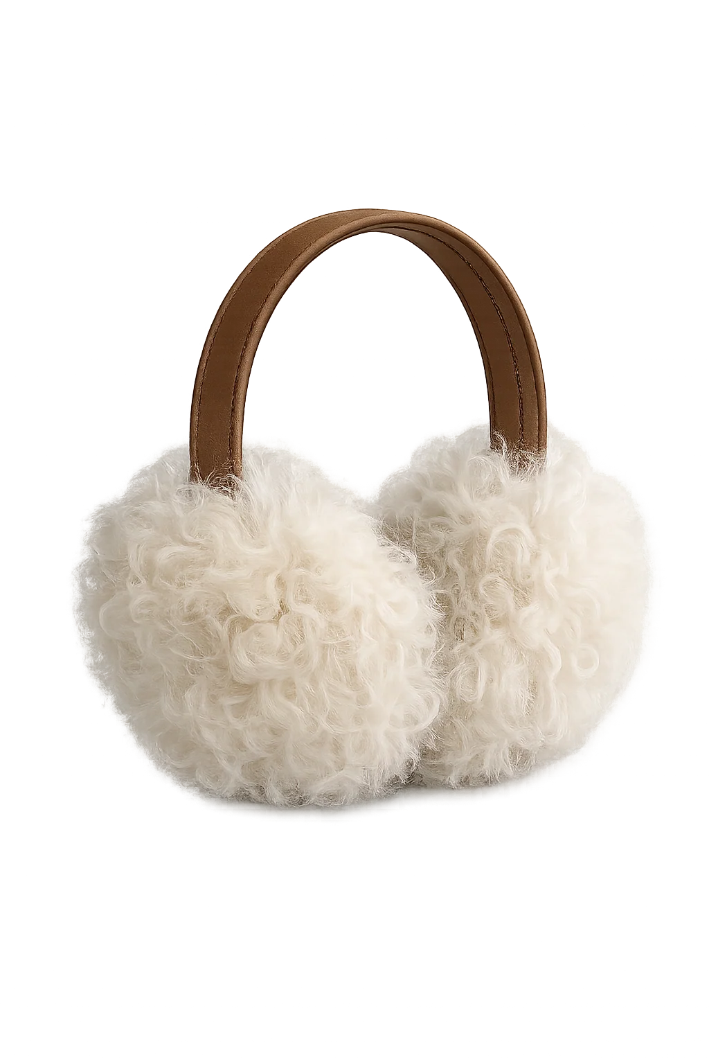 White wool earmuffs with a brown headband in a front product view
