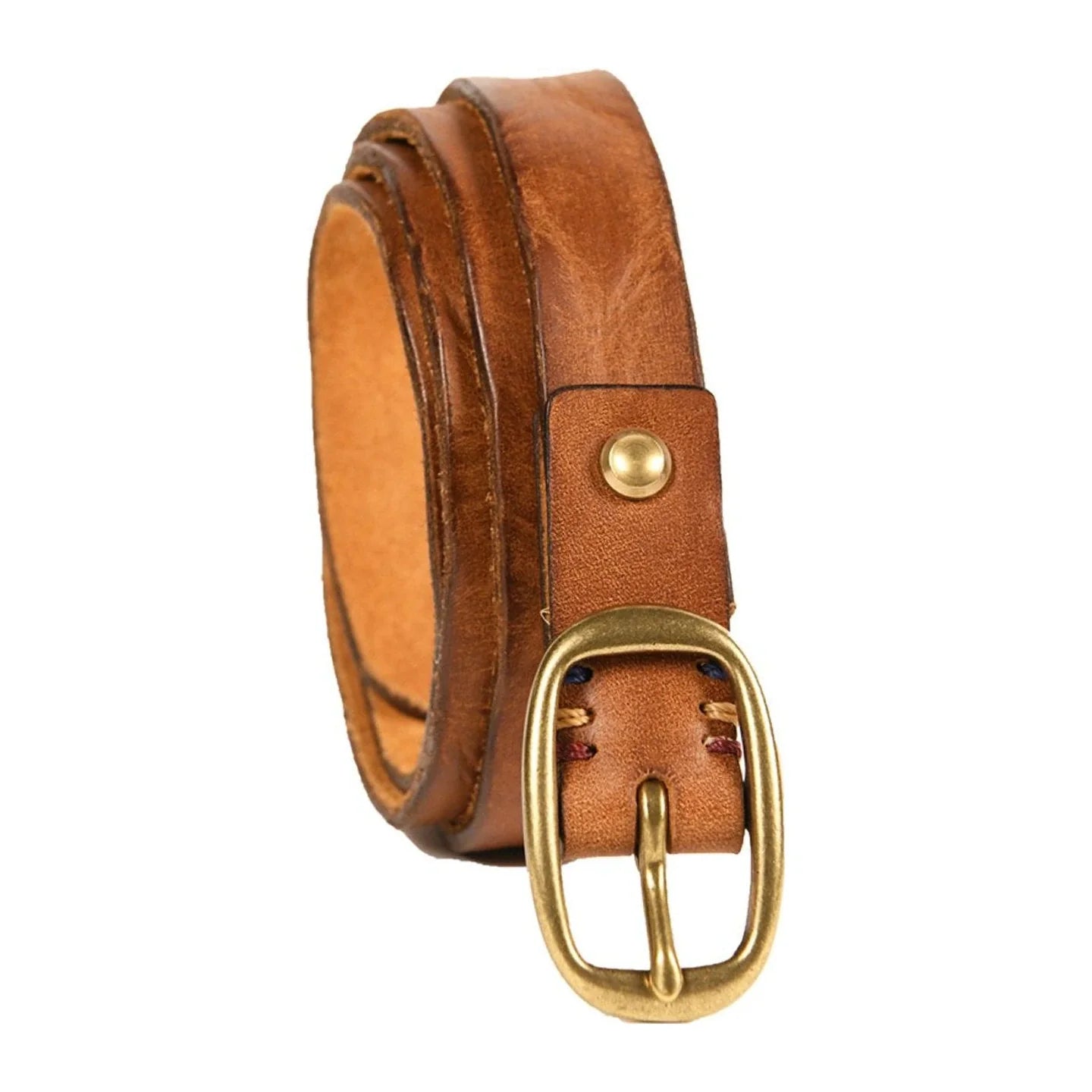 Women's distressed cowhide belt in brown, full product view