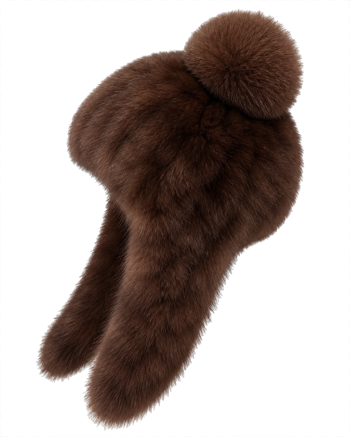 Women's brown sable fur earflap winter hat with fox fur pom-pom, side view