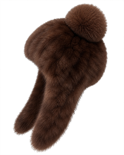Women's brown sable fur earflap winter hat with fox fur pom-pom, side view