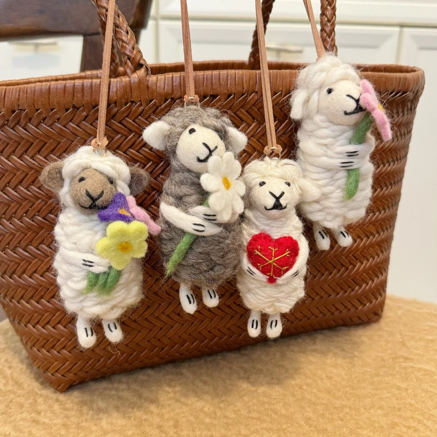 Handmade wool felt sheep bag charm – wool felt flower sheep bag charms