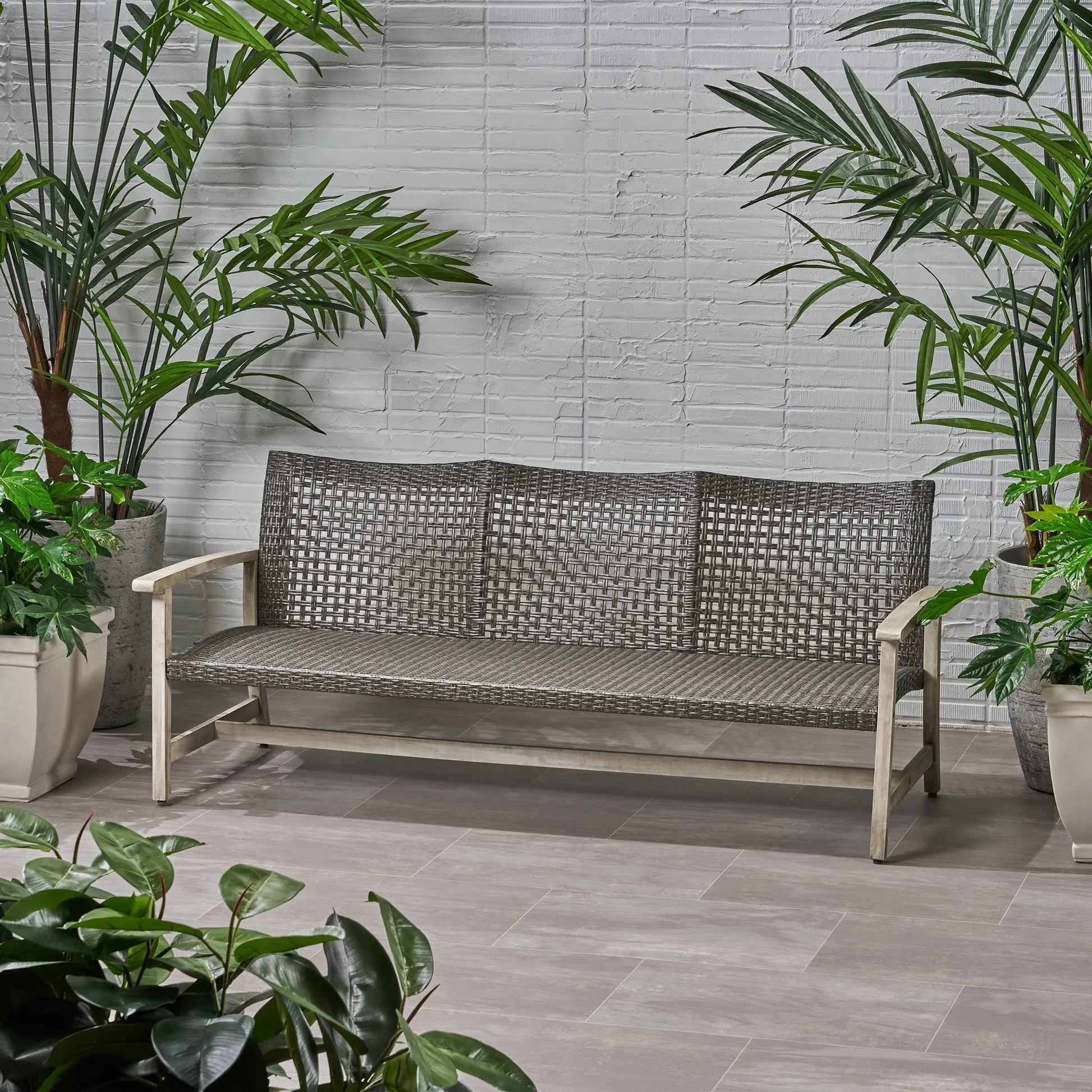 Outdoor Acacia Wood Wicker 3 Seater Sofa, Patio Furniture Conversation Set for Backyard – view 3
