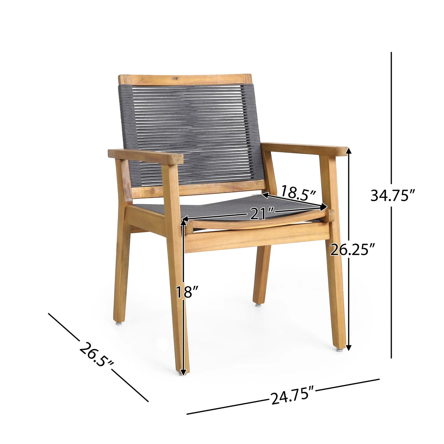 Outdoor Dining Chair Set of 2, Dark Grey Rope, Acacia Wood Frame – view 3