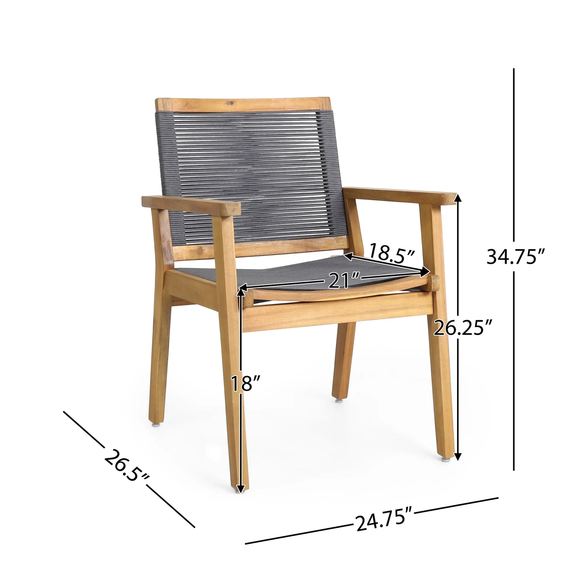 Outdoor Dining Chair Set of 2, Dark Grey Rope, Acacia Wood Frame – view 3