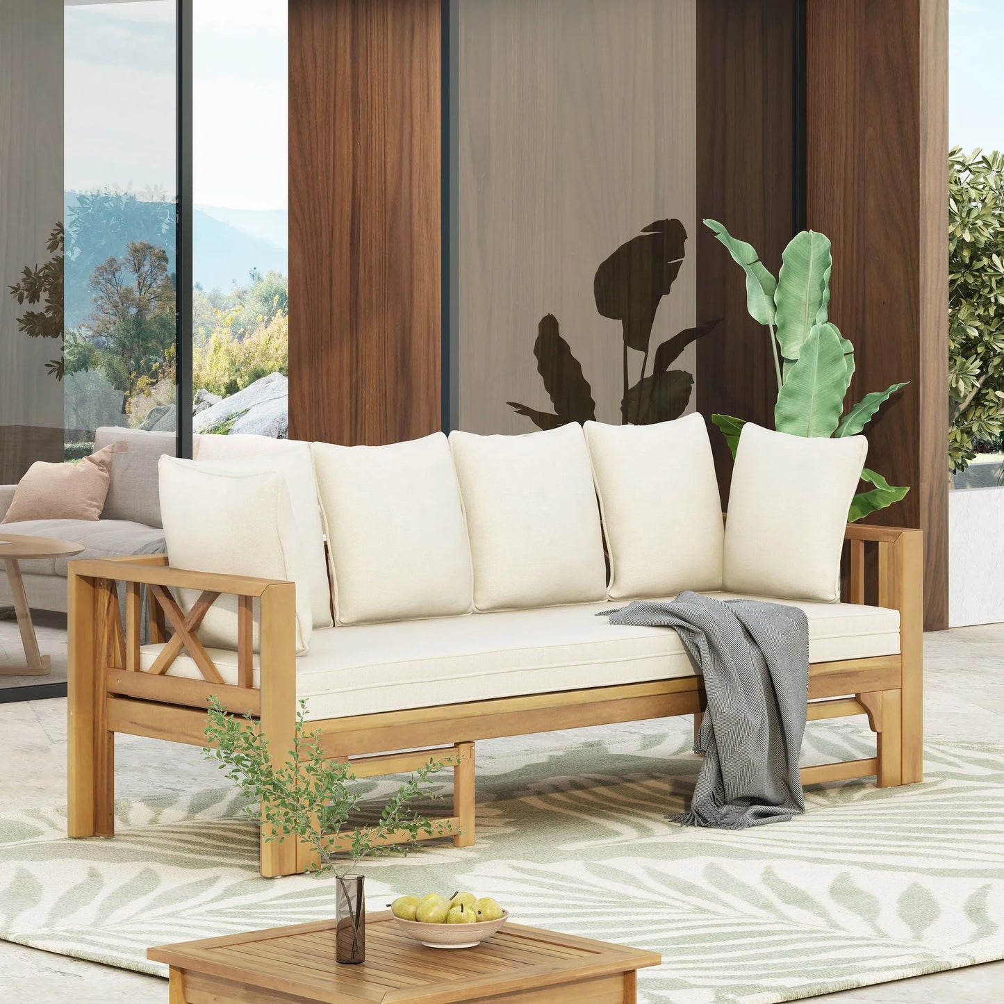 Outdoor Extendable Acacia Wood 3 Seater Sofa, Upholstered Cushion Couch, Daybed Sofa Chair, Spacious Seating Lounge Chair, Patio Daybed Sofa for – view 3