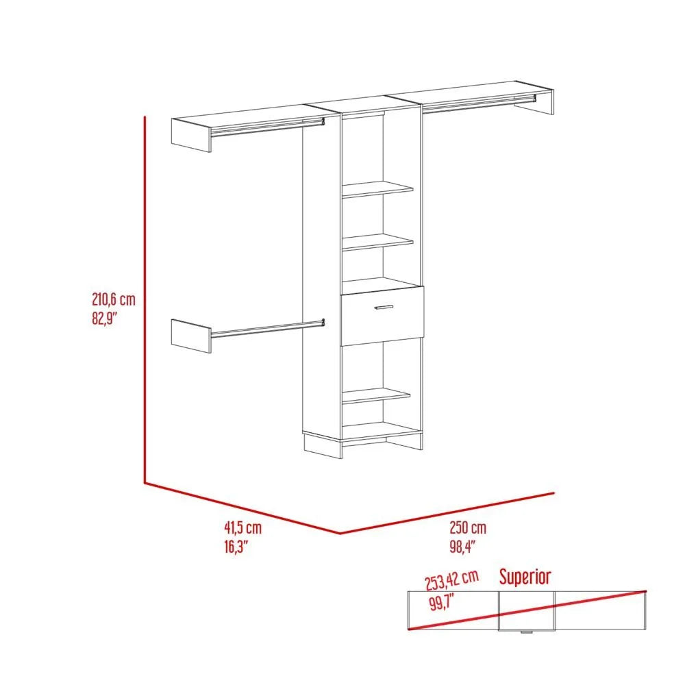 250 Closet System, Five Open Shelves, One Drawer, Three Metal Rods -Dark Walnut – view 3