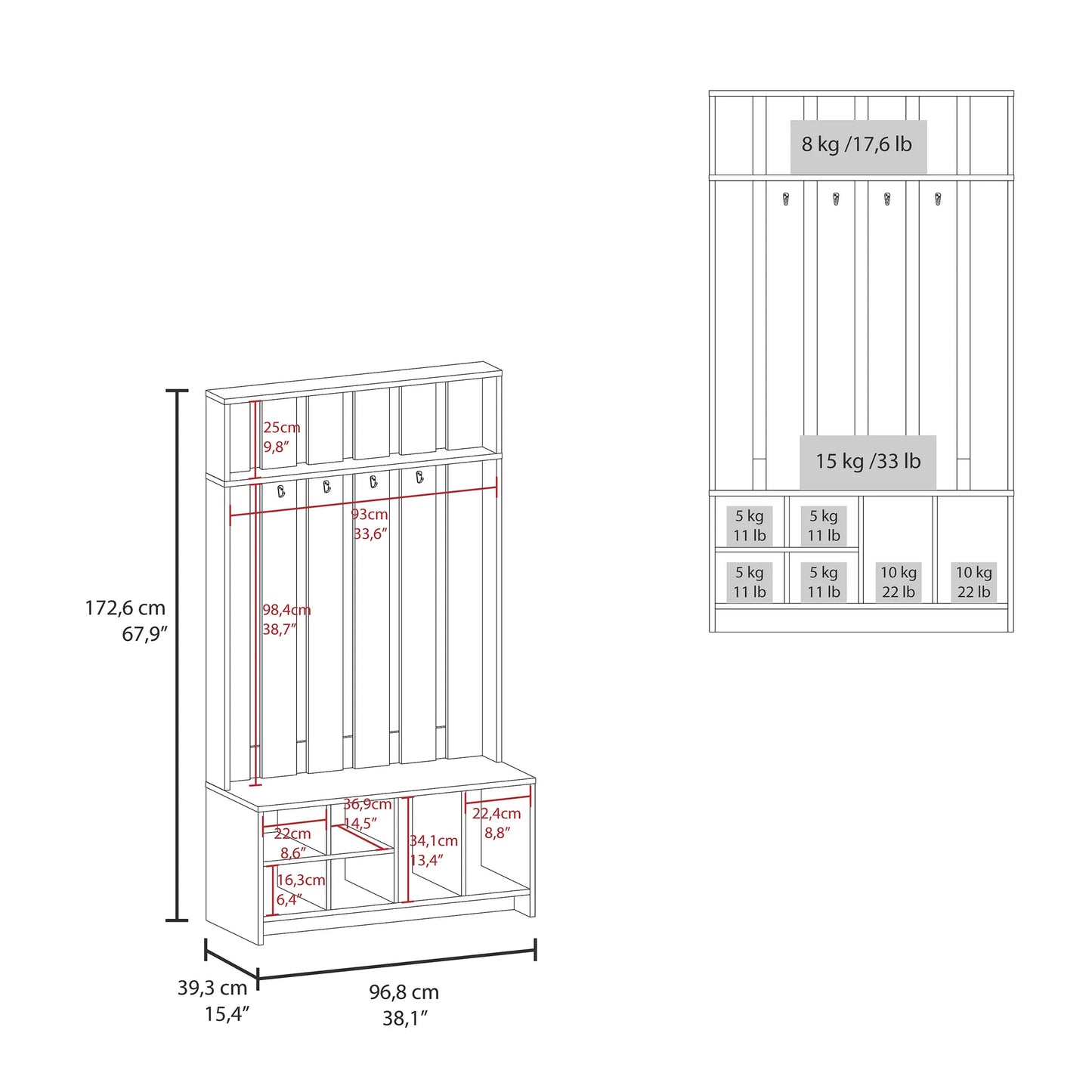 Tulcan 38' Wide Hall Tree with Bench and Shoe Storage, Entryway Bench with Coat Rack – view 3