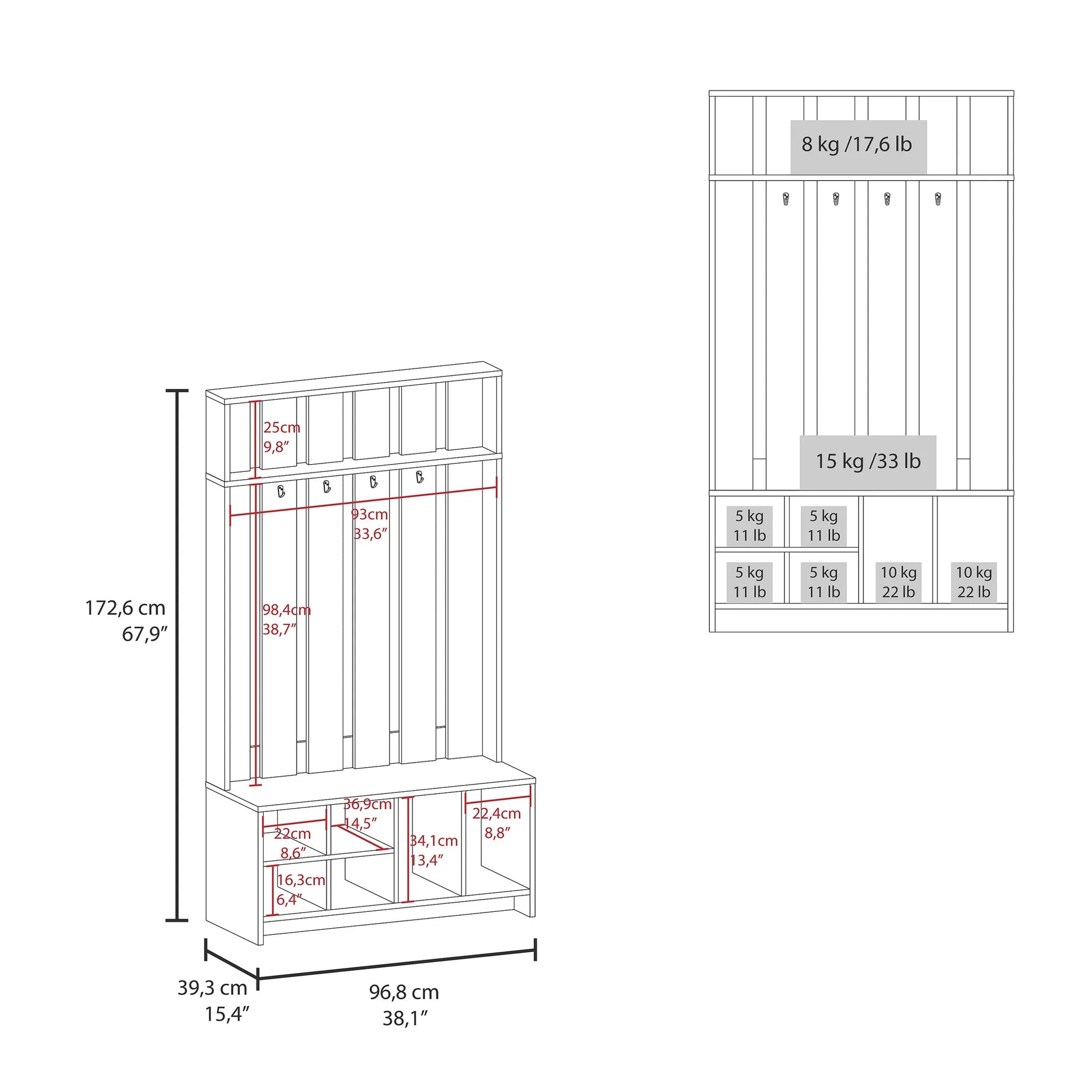 Tulcan 38' Wide Hall Tree with Bench and Shoe Storage, Entryway Bench with Coat Rack – view 3