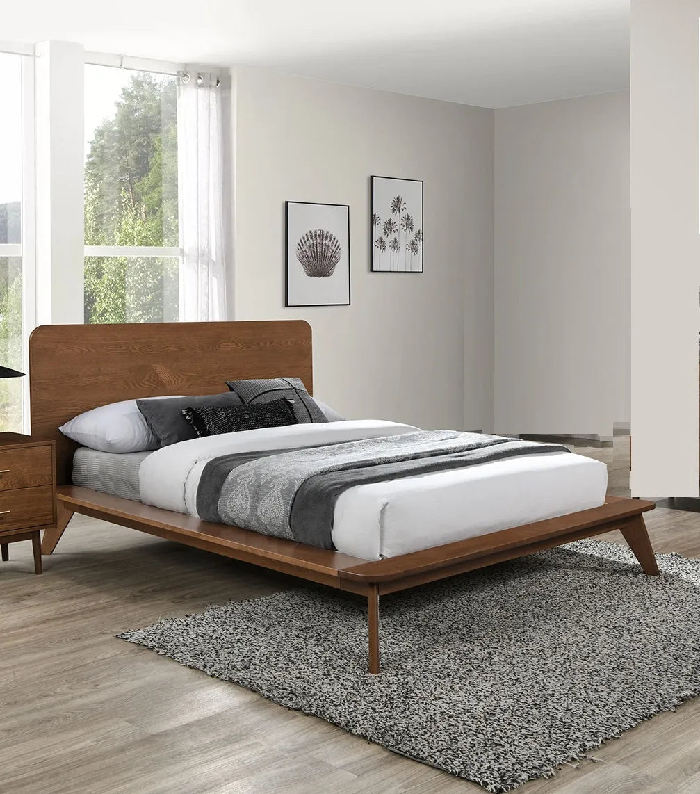 Platform Bed Walnut Color 3pc Bedroom Set King Size Bed 2x Nightstands Wooden Mid-Century Modern Style – view 3