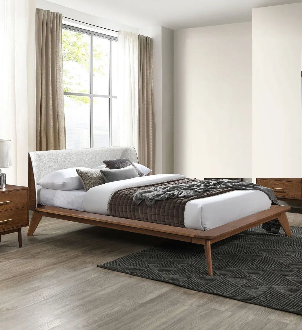 Gorgeous Walnut 3pc Bedroom Set Full Size Bed 2x Nightstands Beige Upholstered Fabric Winged Edge Panel HB Mid-Century Modern Style – view 3