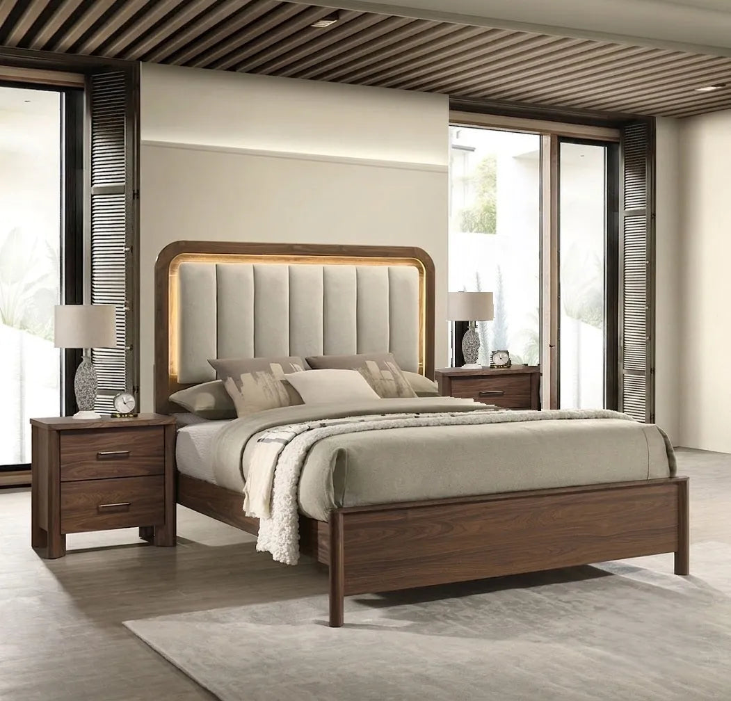 Walnut Gorgeous Queen Size Bed Nightstands Set Panel Bed HB w LED Warm Light Bedroom Set 3pc – view 3