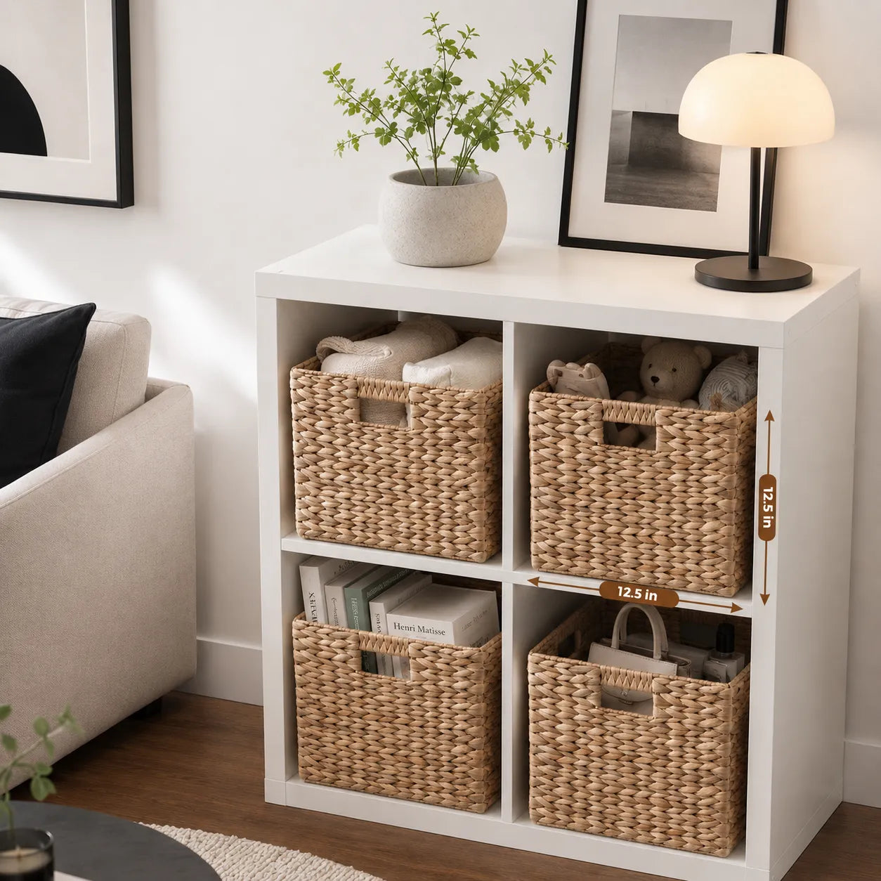 Water Hyacinth Folding Storage Baskets, Set of 2, Natural, 12.6' x 12.6' x 12.6', Handwoven Cube Baskets with Cutout Handles – Shelf Organizer, Toy – view 3