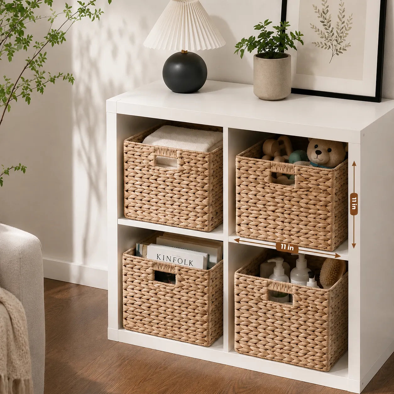 Water Hyacinth Folding Storage Baskets, Set of 4, Natural, 11.0' x 11.0' x 9.8', Handwoven Cube Baskets with Cutout Handles - Closet Organizer, Toy – view 3