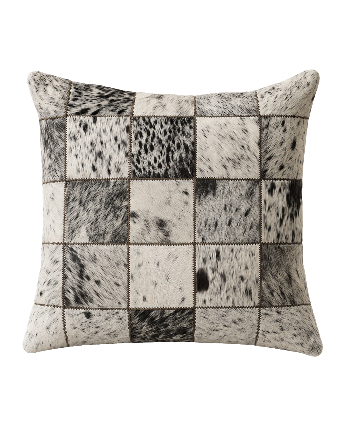 Black and ivory genuine cowhide patchwork square pillow on transparent background