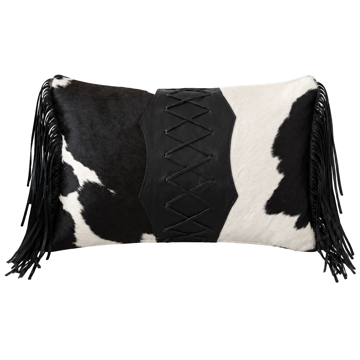 Black and ivory genuine cowhide laced lumbar pillow with leather fringe on transparent background