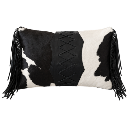 Black and ivory genuine cowhide laced lumbar pillow with leather fringe on transparent background