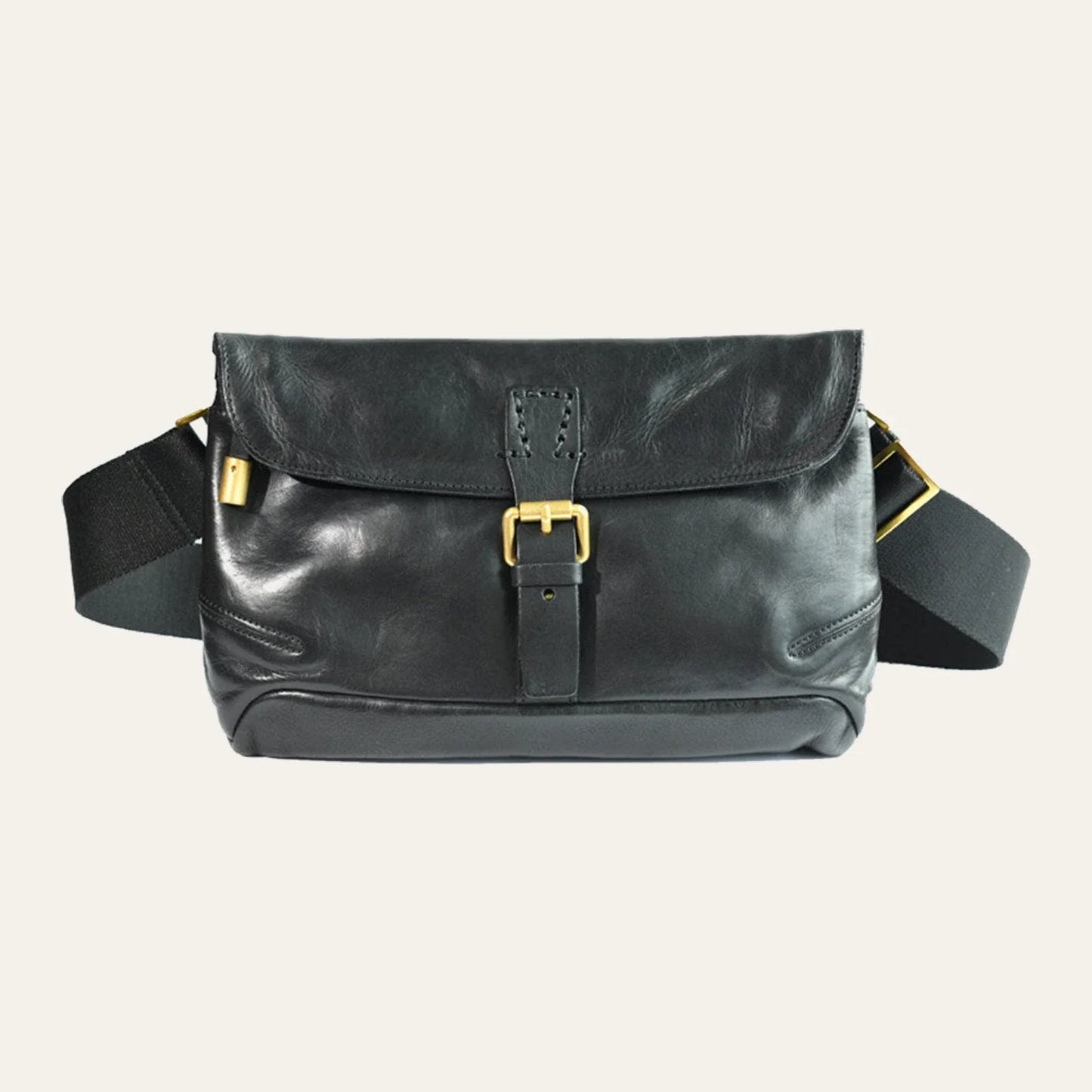 Black top-grain cowhide crossbody messenger bag full front view