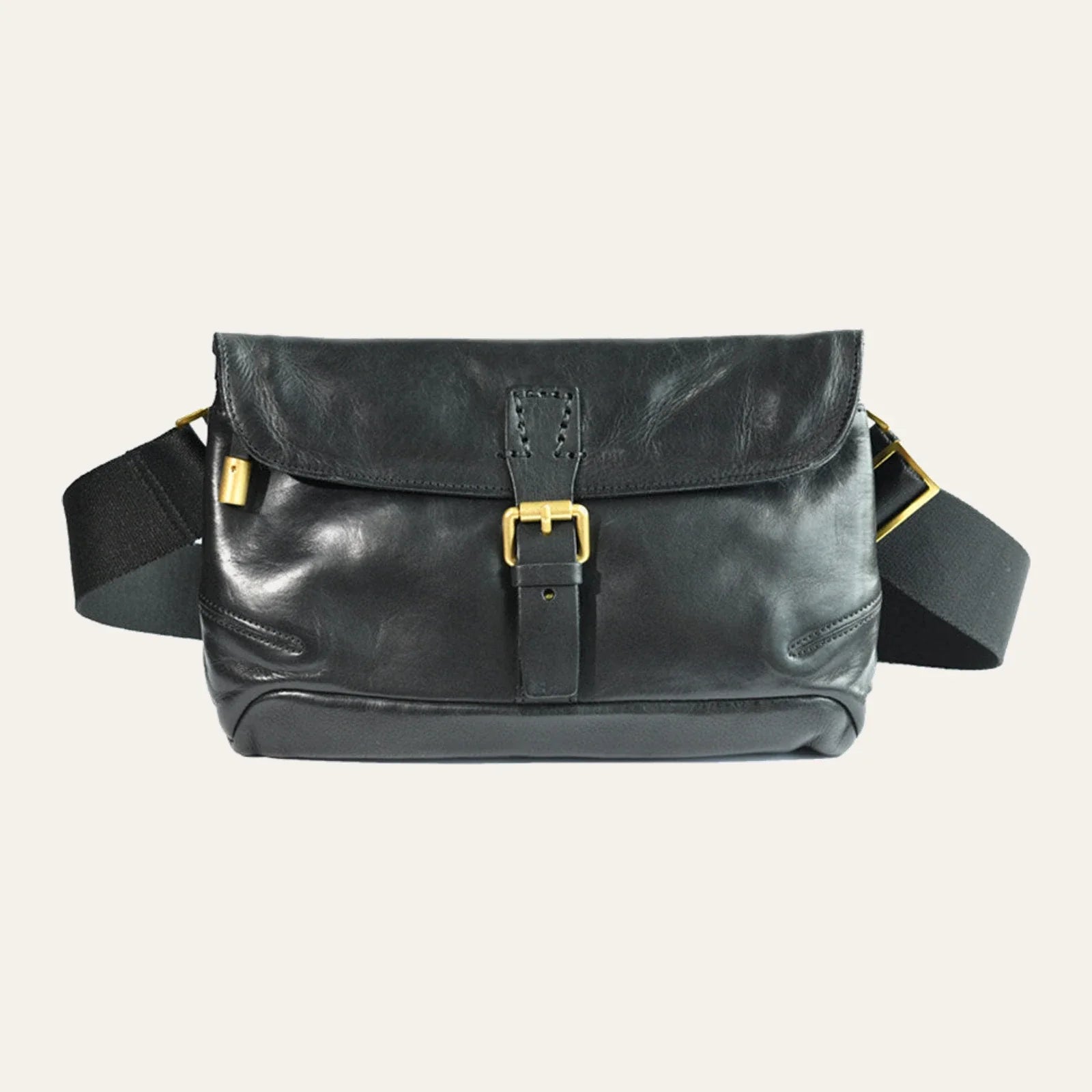 Black top-grain cowhide crossbody messenger bag full front view