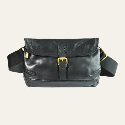 Black top-grain cowhide crossbody messenger bag full front view