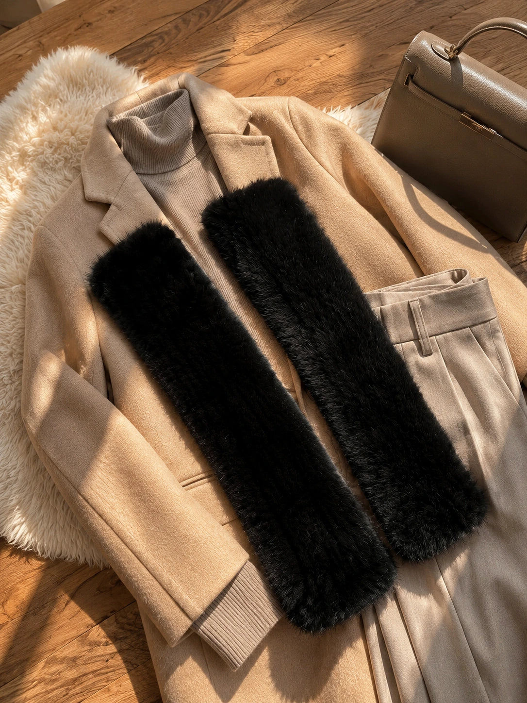 Black mink fur fingerless arm warmers styled with neutral winter layers