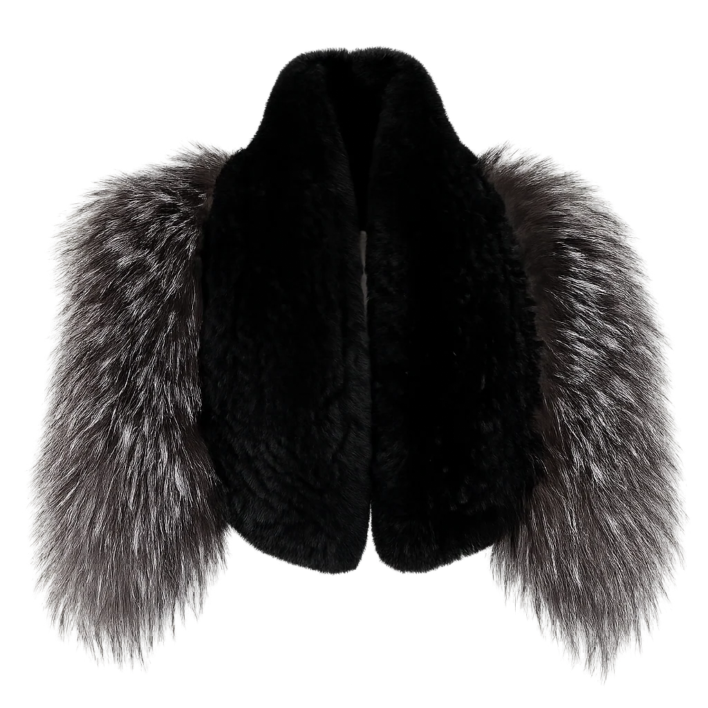 Black rabbit fur wrap with silver gray fox fur side panels, full view