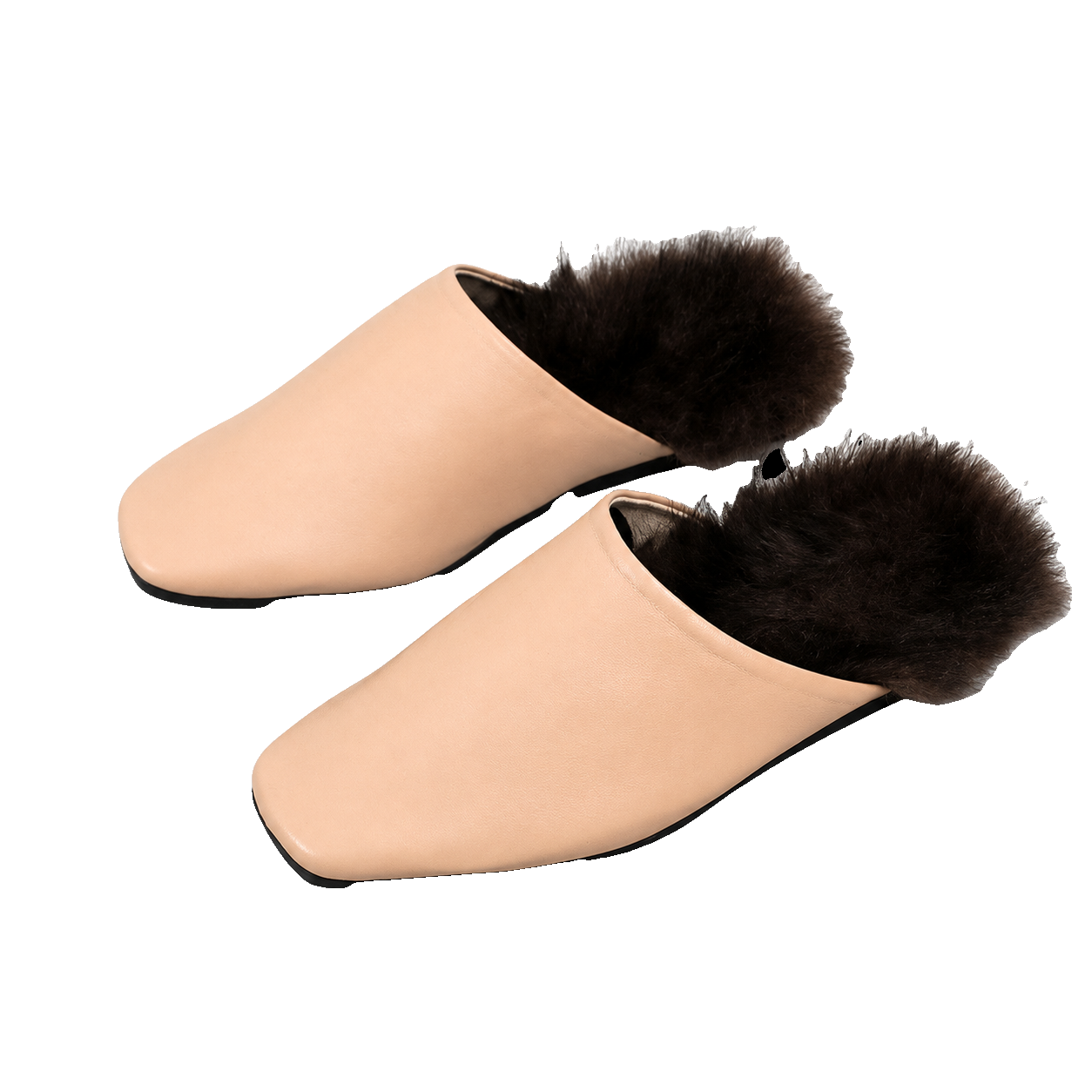 Blush Camel genuine mink fur-trim closed-toe mule slippers on a transparent background