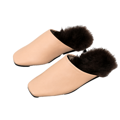 Blush Camel genuine mink fur-trim closed-toe mule slippers on a transparent background