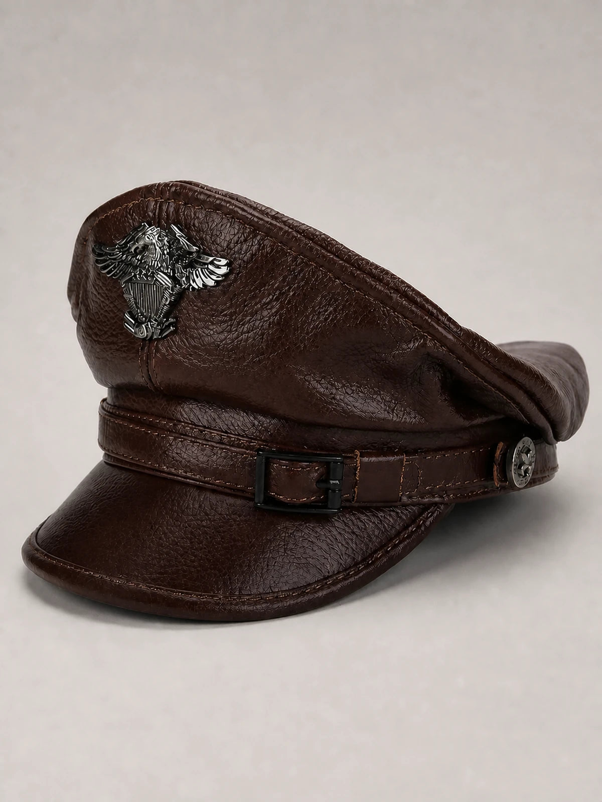 Brown genuine cowhide leather captain cap with visor and buckle strap
