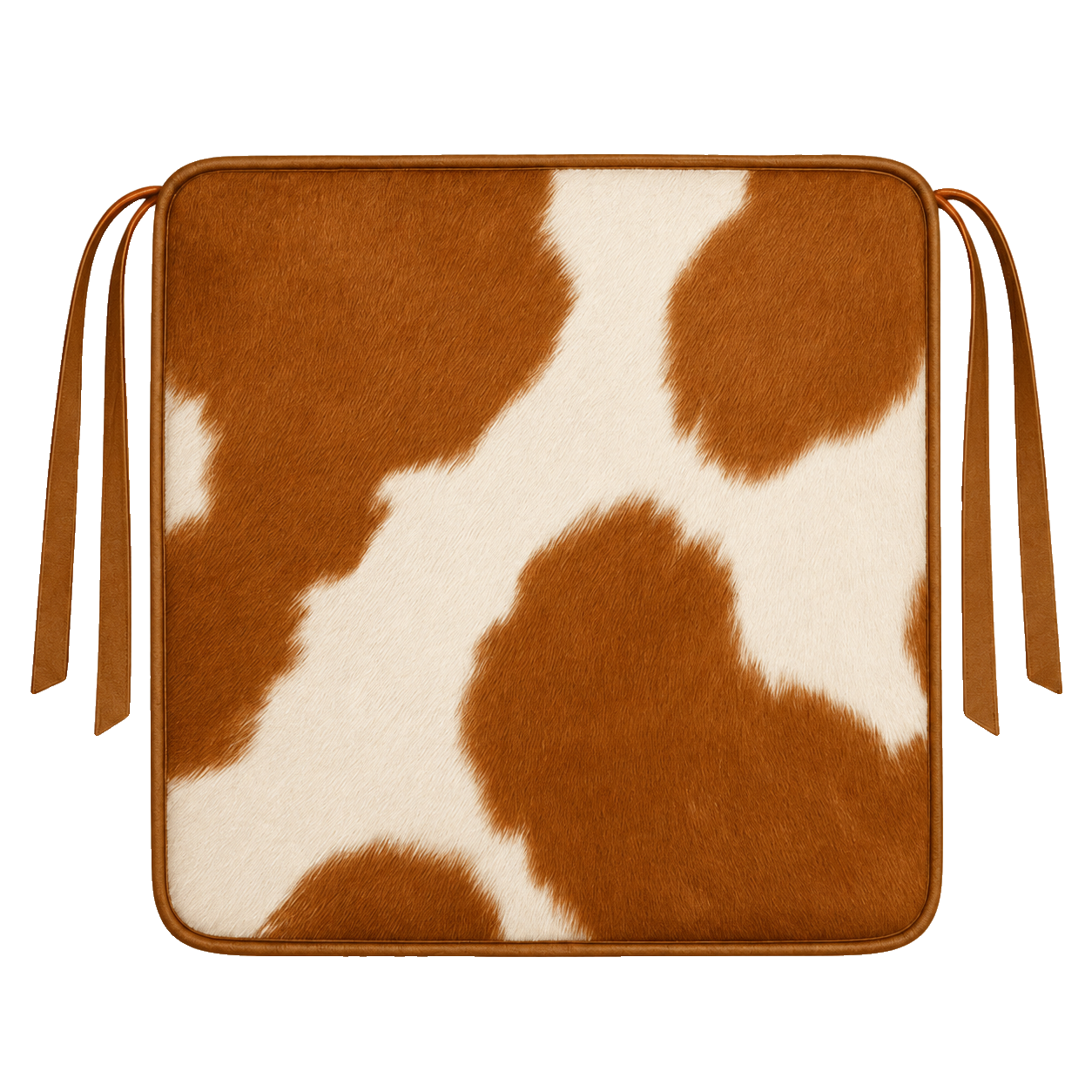 Brown and ivory genuine cowhide square chair pad with leather border and tie straps on transparent background