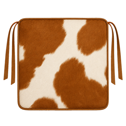 Brown and ivory genuine cowhide square chair pad with leather border and tie straps on transparent background