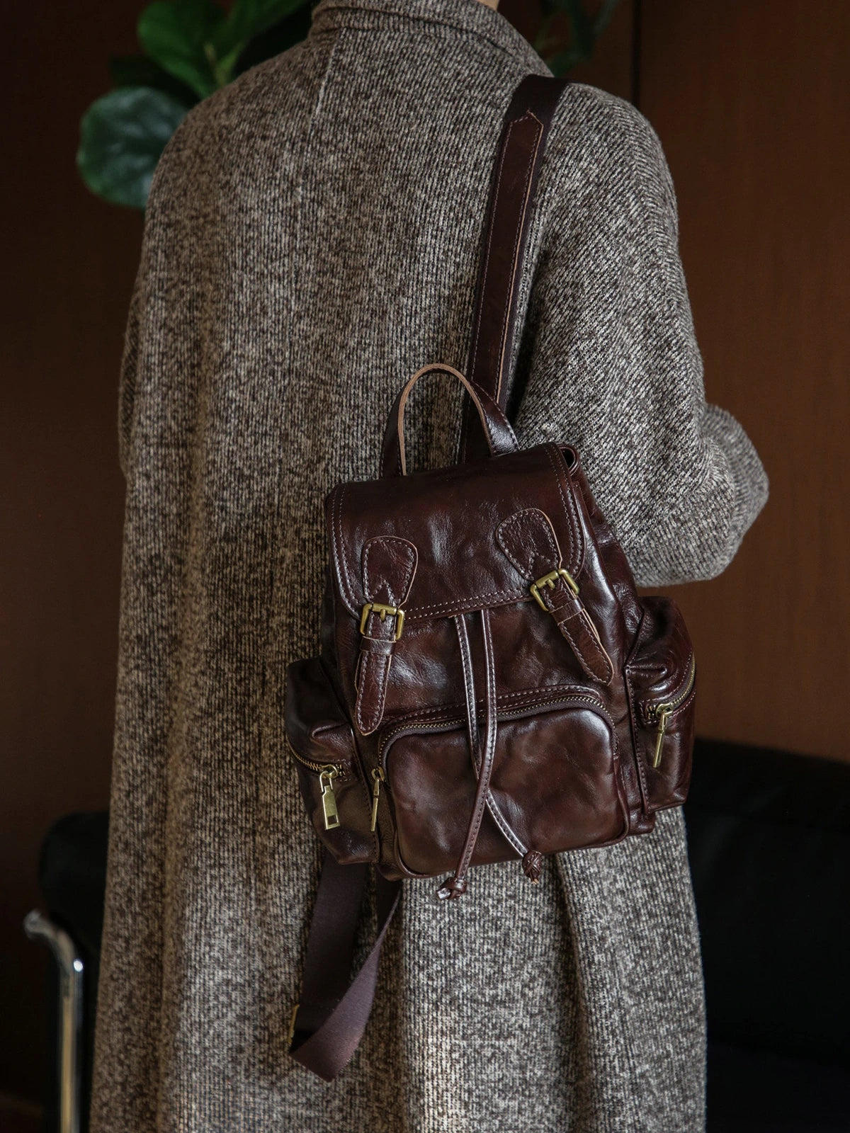 Coffee brown leather backpack alternate on-body view