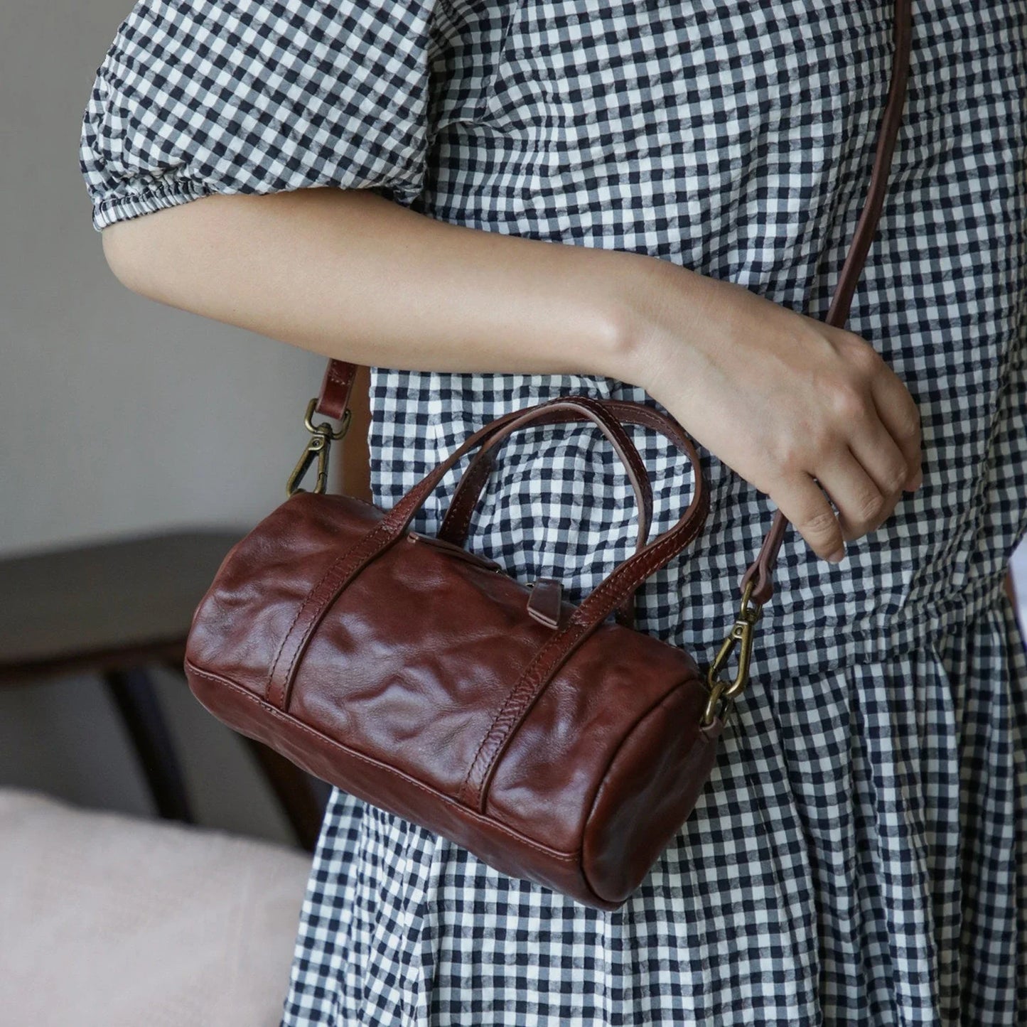 Coffee Brown vegetable-tanned leather mini barrel bag styled crossbody