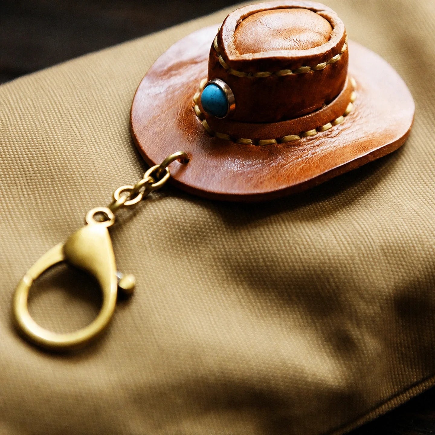 Sunset Yellow cowhide mini cowboy hat keychain with hand-stitched detail