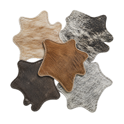 Set of four assorted genuine cowhide silhouette coasters with stitched edges on transparent background