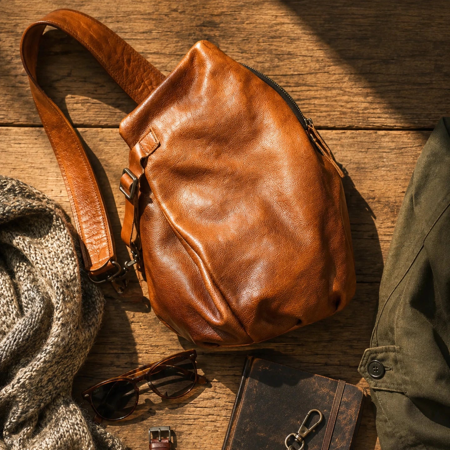 Vintage Brown cowhide sling chest bag with everyday carry essentials