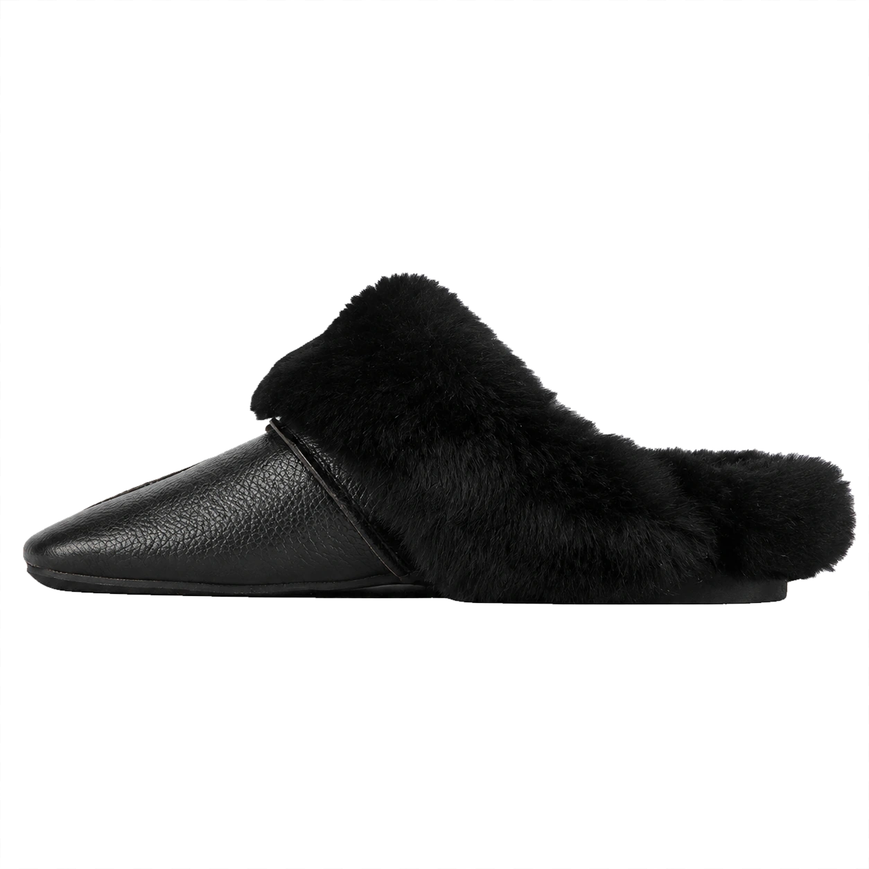 Black genuine cowhide and rabbit fur mule slipper side view on a transparent background