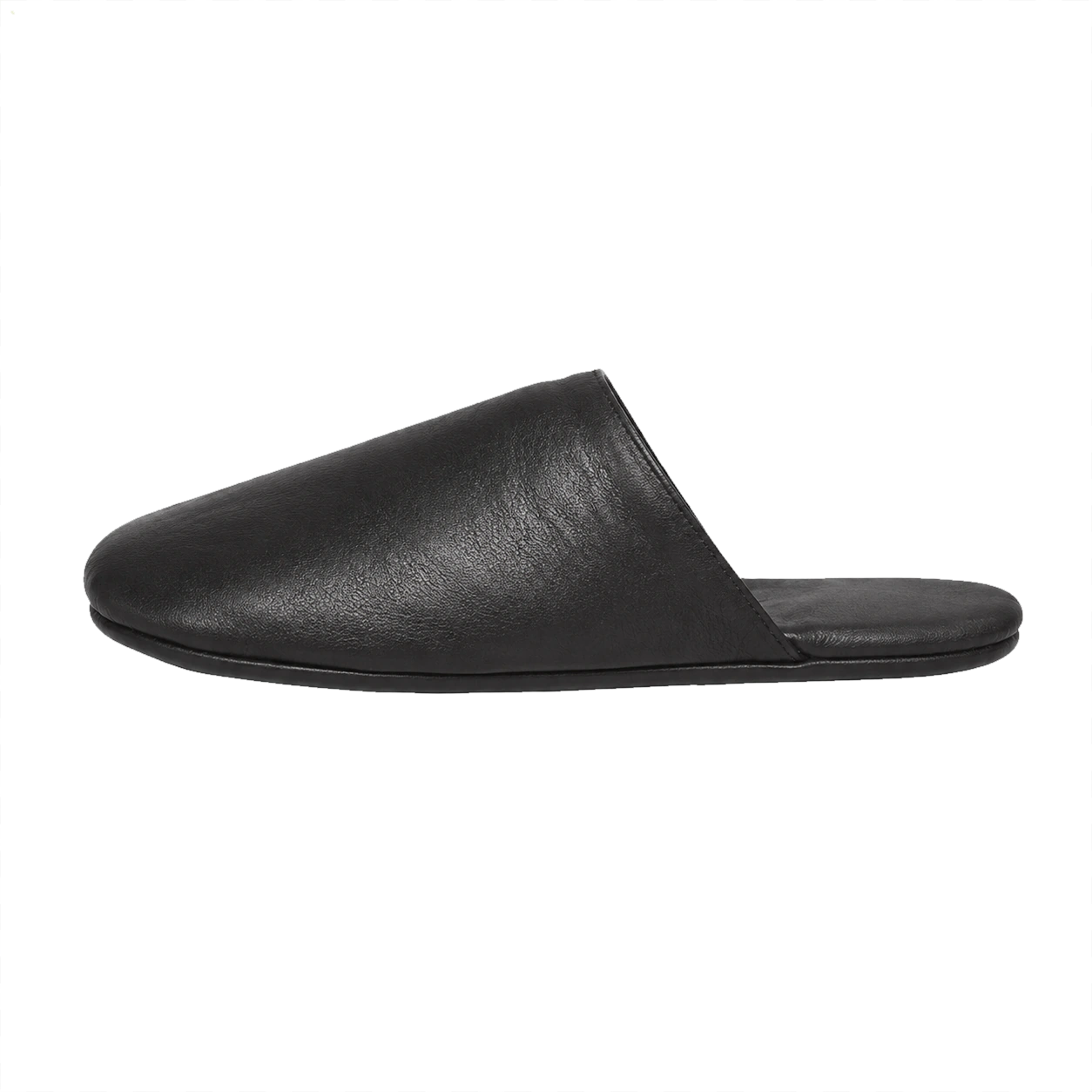 Black lambskin lightweight travel slipper side view on a transparent background