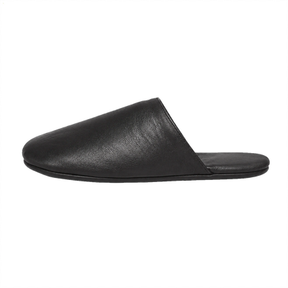Black lambskin lightweight travel slipper side view on a transparent background