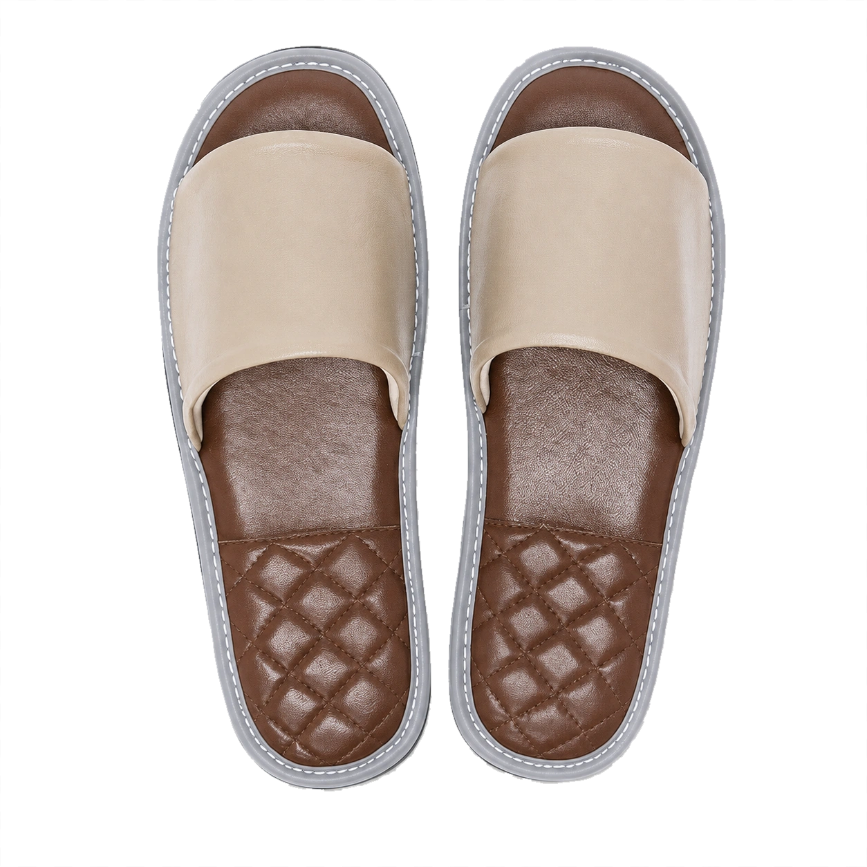 Stone gray lambskin leather open-toe slippers with brown footbeds on a transparent background
