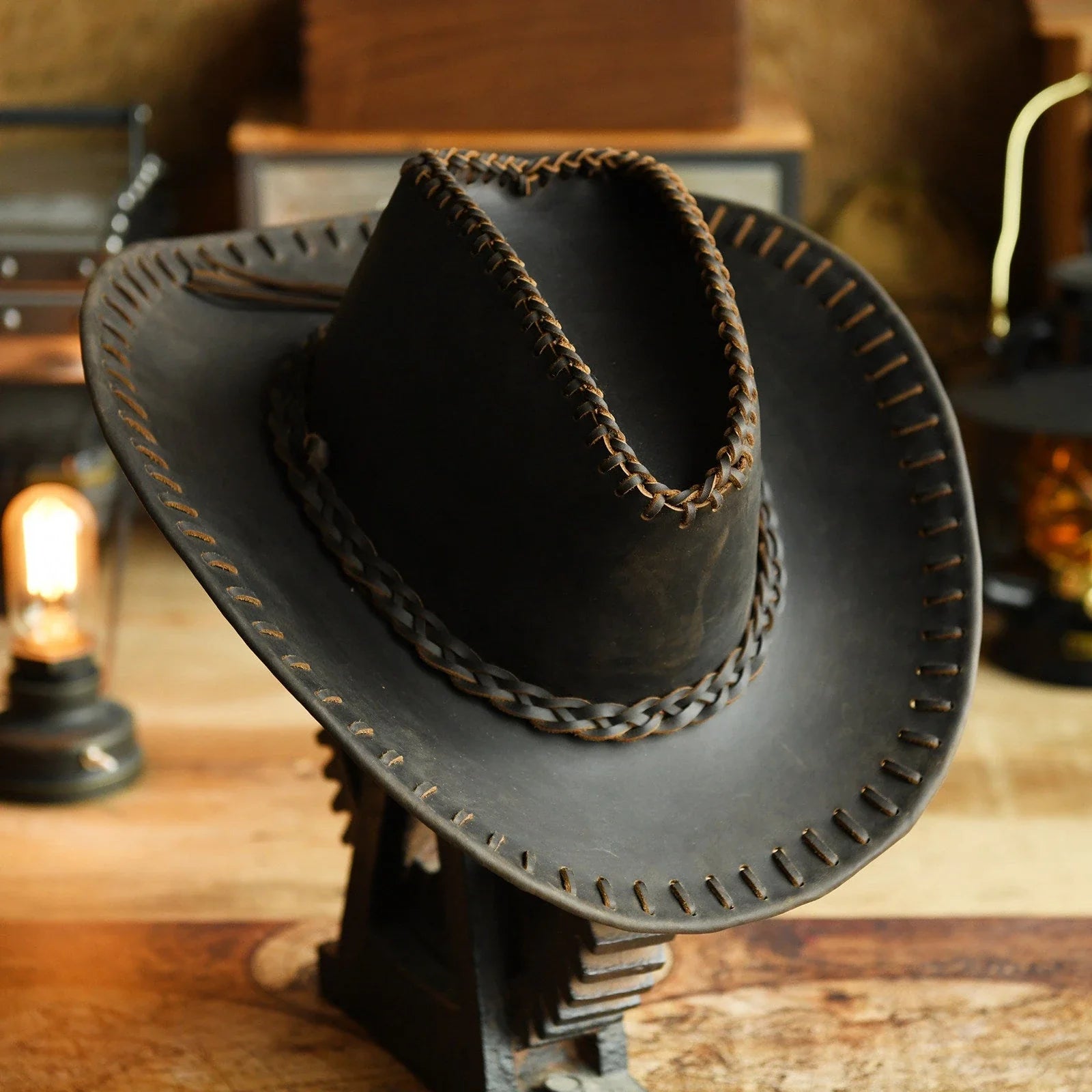 Dark brown hand-stitched cowhide western cowboy hat