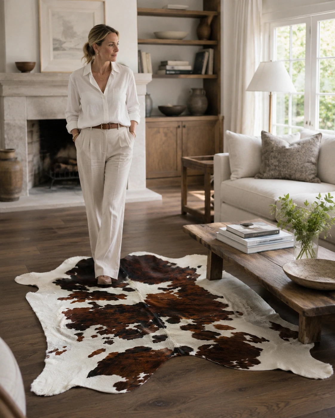 Woman standing beside a dark brown and ivory genuine cowhide rug in a quiet living room