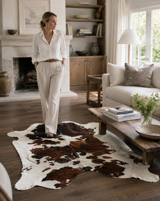 Woman standing beside a dark brown and ivory genuine cowhide rug in a quiet living room